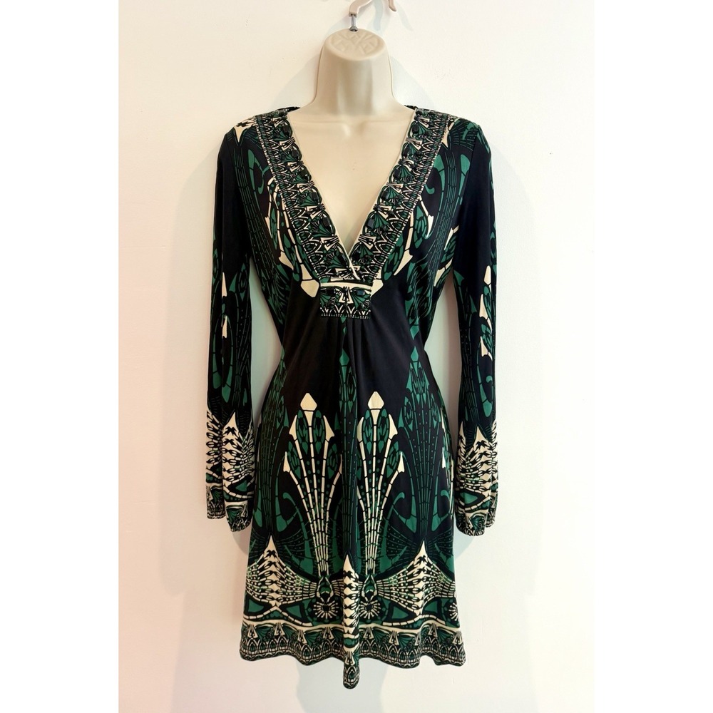 Hale Bob Silk Dress XS Beaded Mini Tunic Black Green Y2K Vintage Euro Boho